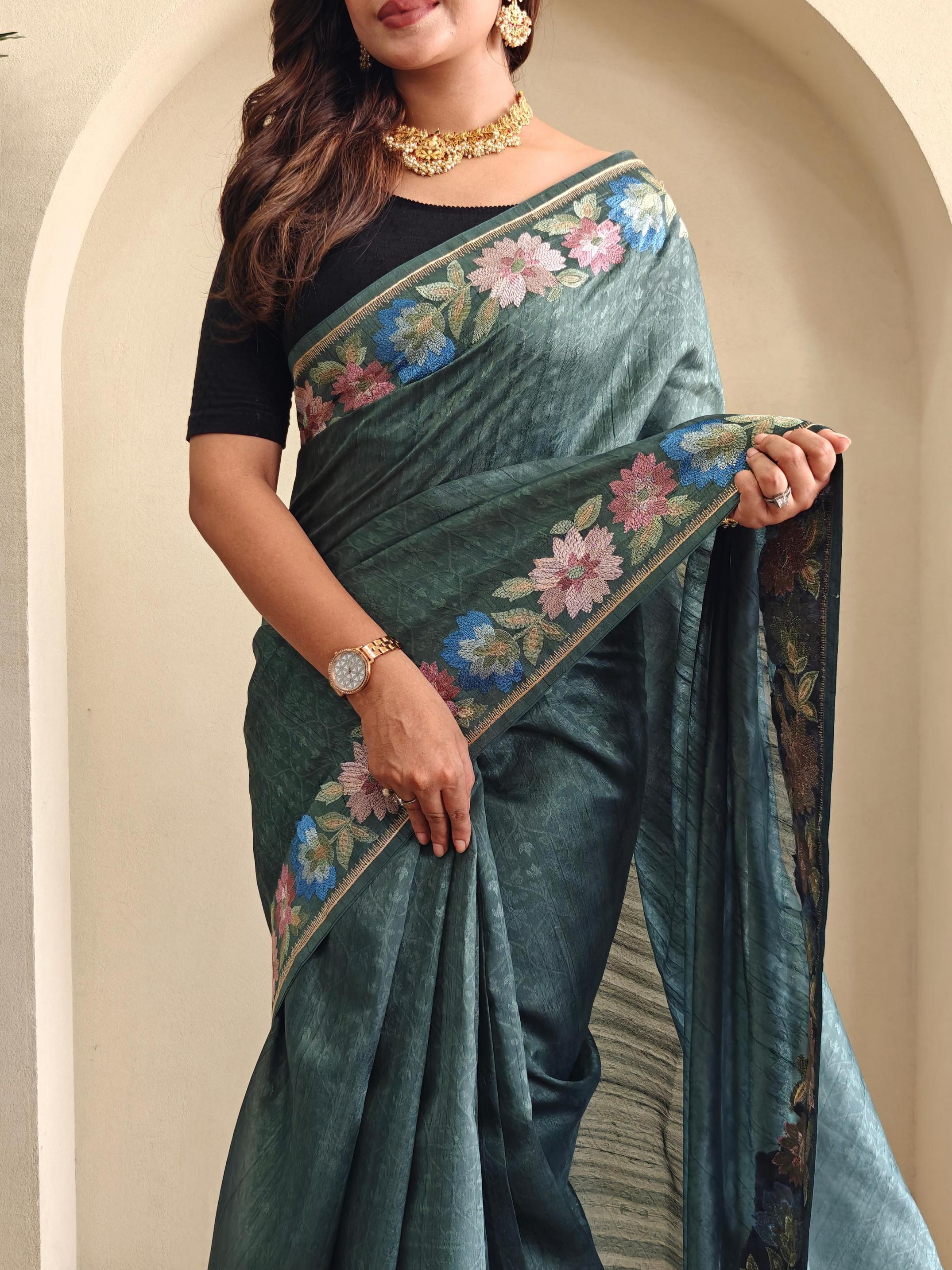 ISHIKA TUSSAR EMBROIDERY WORK STYLISH SAREE ONLINE 