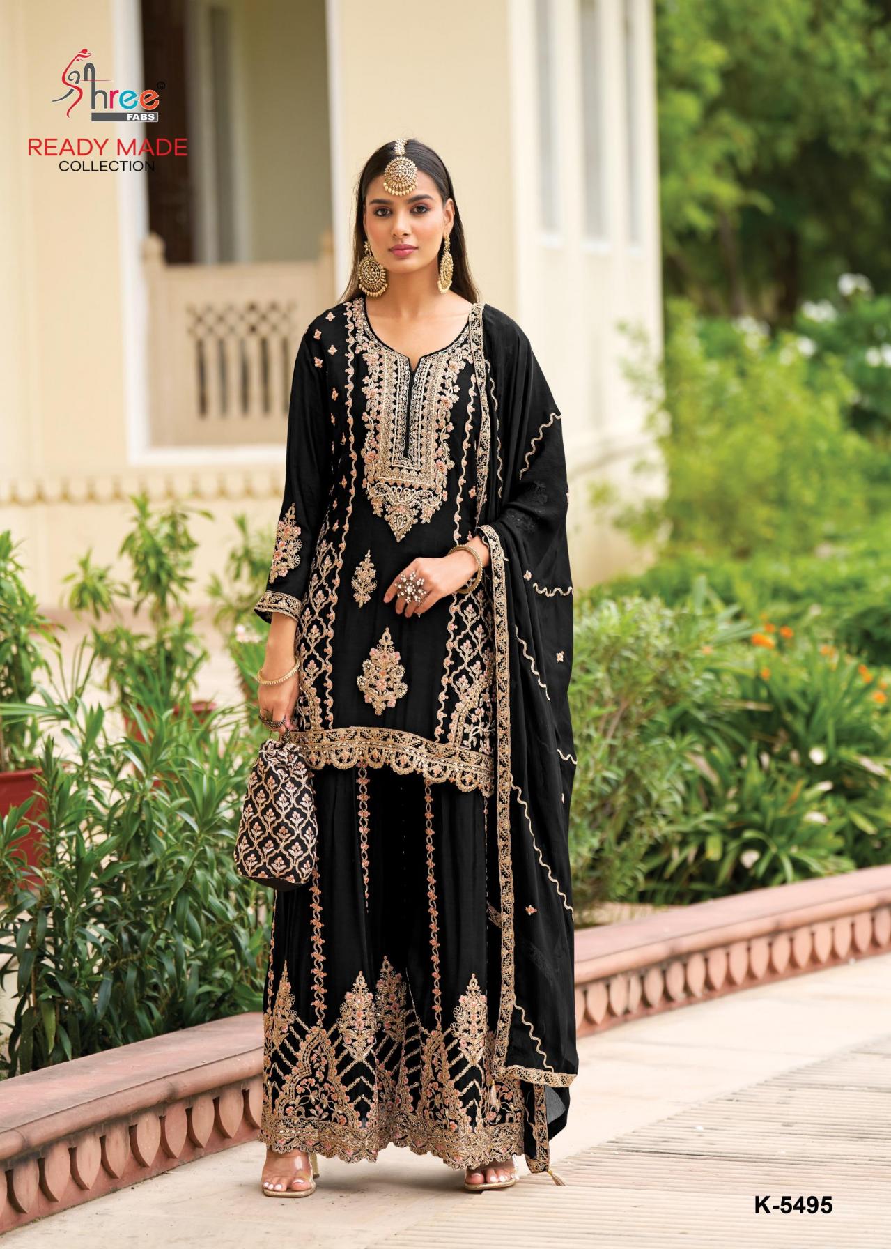 SHREE FABS K 5495 AIRTEX CHINON PAKISTANI PLAZZO FULL STITCH DRESS