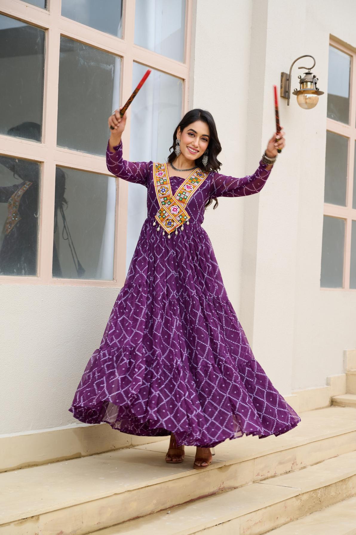 KA 1191 BANDHANI PRINT FULL STITCH UNIQUE NAVRATRI GOWNS 
