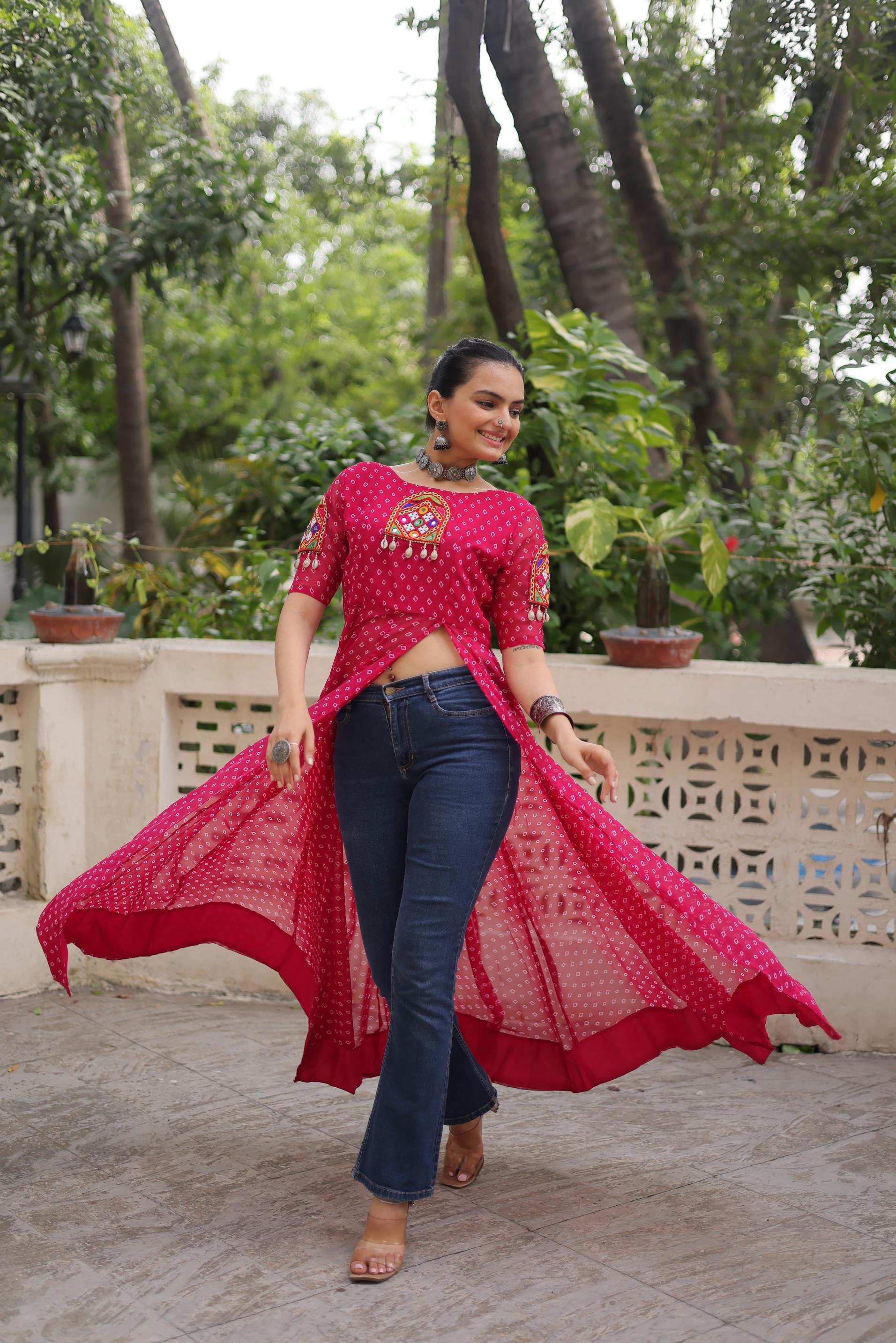 KA 1193 BANDHANI PRINT NAVRATRI SPECIAL FULL STITCH LONG KURTI 