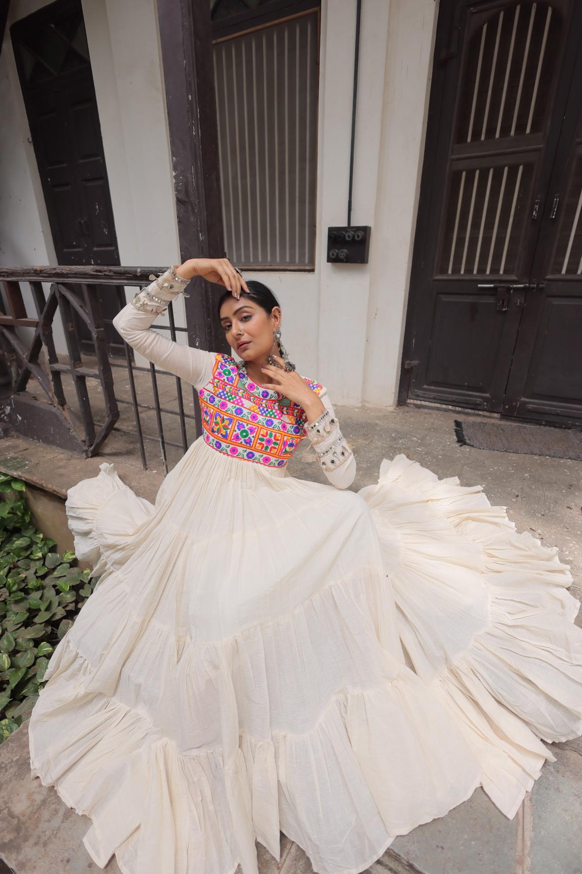 KA 1199 READYMADE KORA COTTON NAVRATRI GOWNS FOR GIRLS  