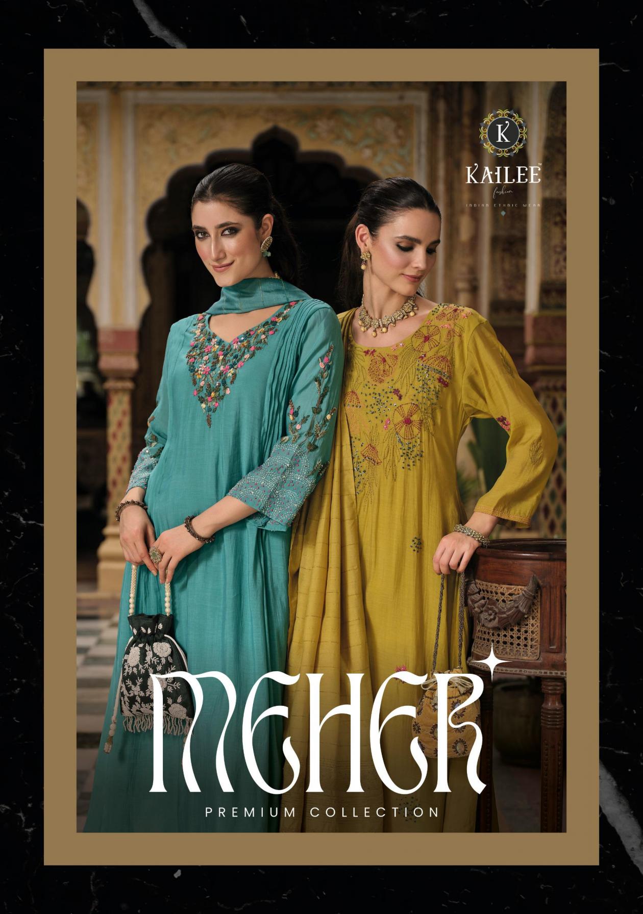 MEHER BY KAILEE FASHION MUL CHANDERI VISCOSE FULL STITCH PARTY WEAR SUITS 