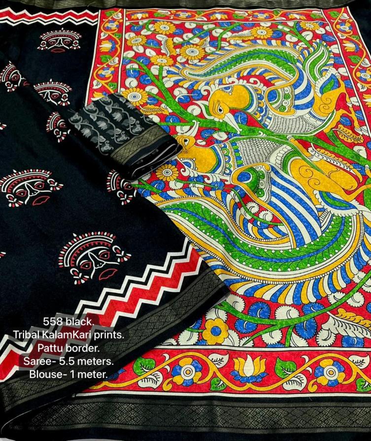KC 558 TRIBAL KALAMKARI COLOUR ADDITON PASHMINA SILK SAREES 