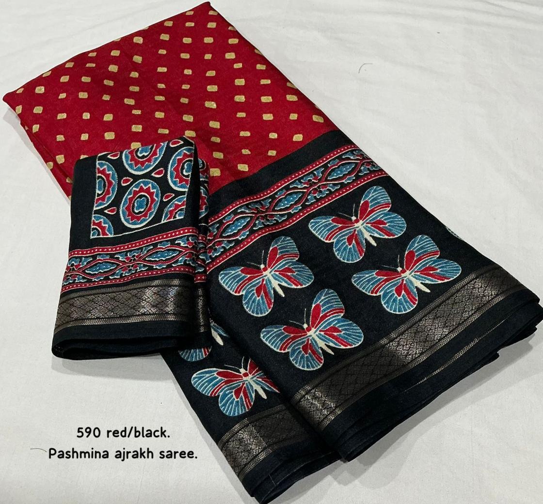 KC 590 HIT DESIGN PASHMINA AJRAKH SAREES ONLINE 