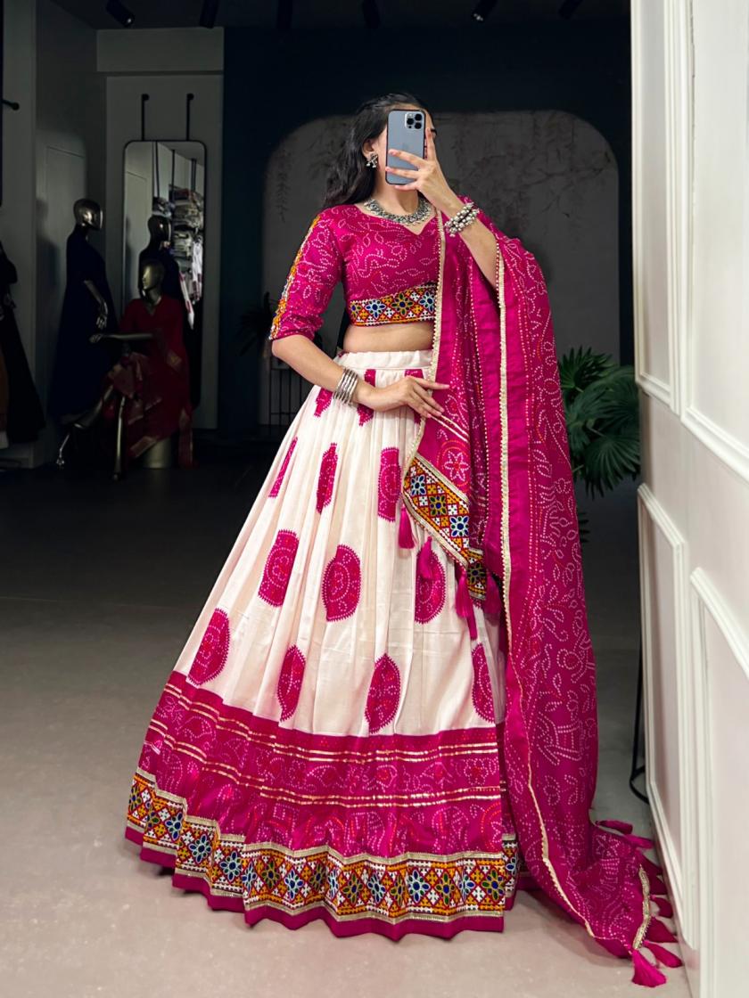 LNB1736 TASAR SILK BANDHEJ PRINT FULLY STITCH NAVRATRI LEHENGAS 