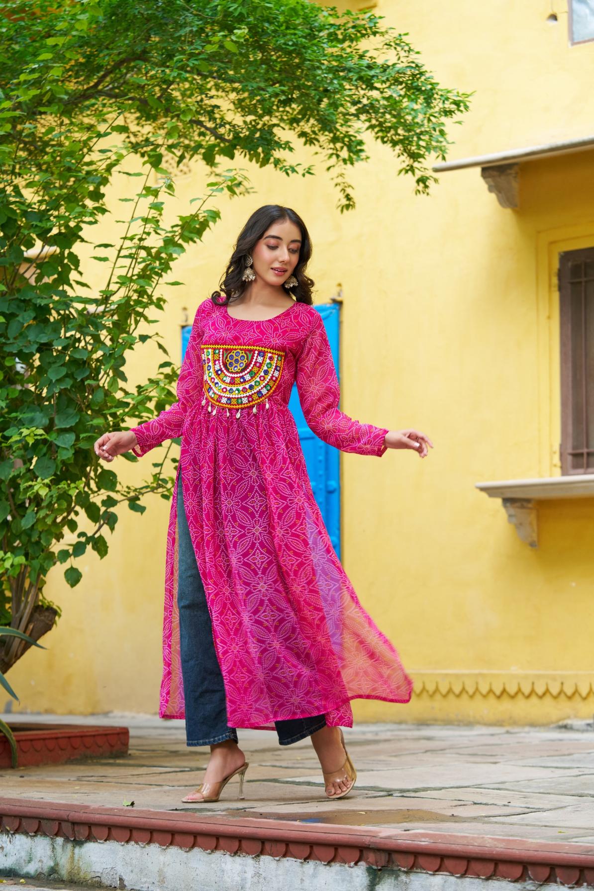 LW 9266 BANDHEJ PRINT FULL STITCH NAVRATRI LONG KURTI FOR GIRLS 