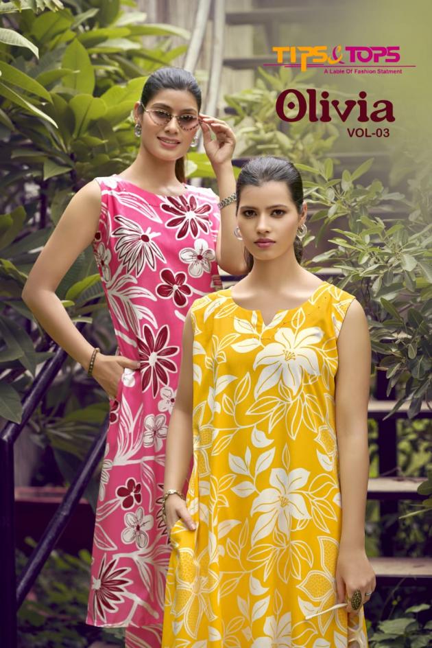 TIPS & TOPS OLIVIA VOL 3 READYMADE RAYON SHOP TRENDY KURTI WITH PAIR