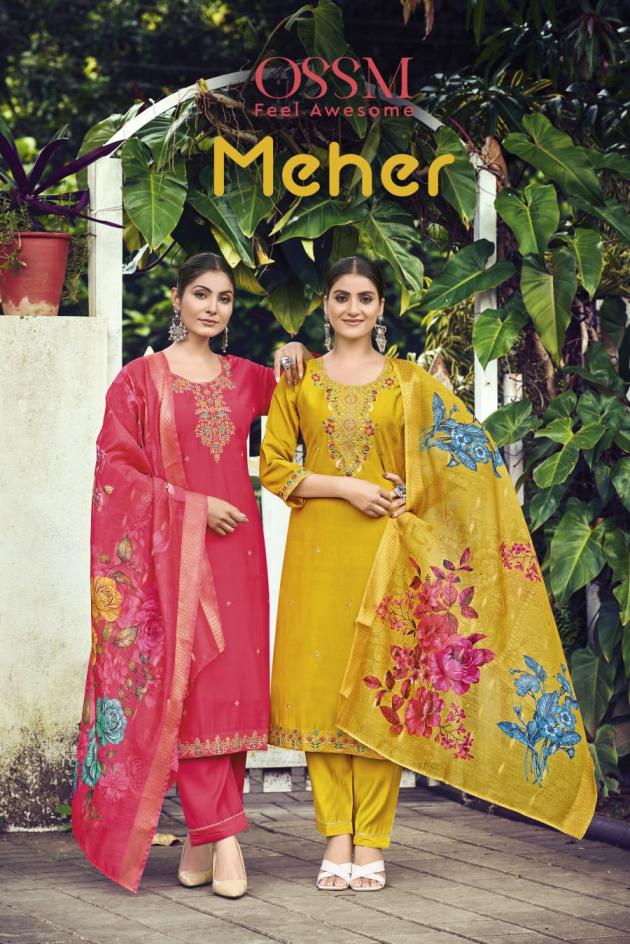 MEHER BY OSSM FULL STITCH BIG SIZE VISCOSE ROMAN SILK SALWAR KAMEEZ 