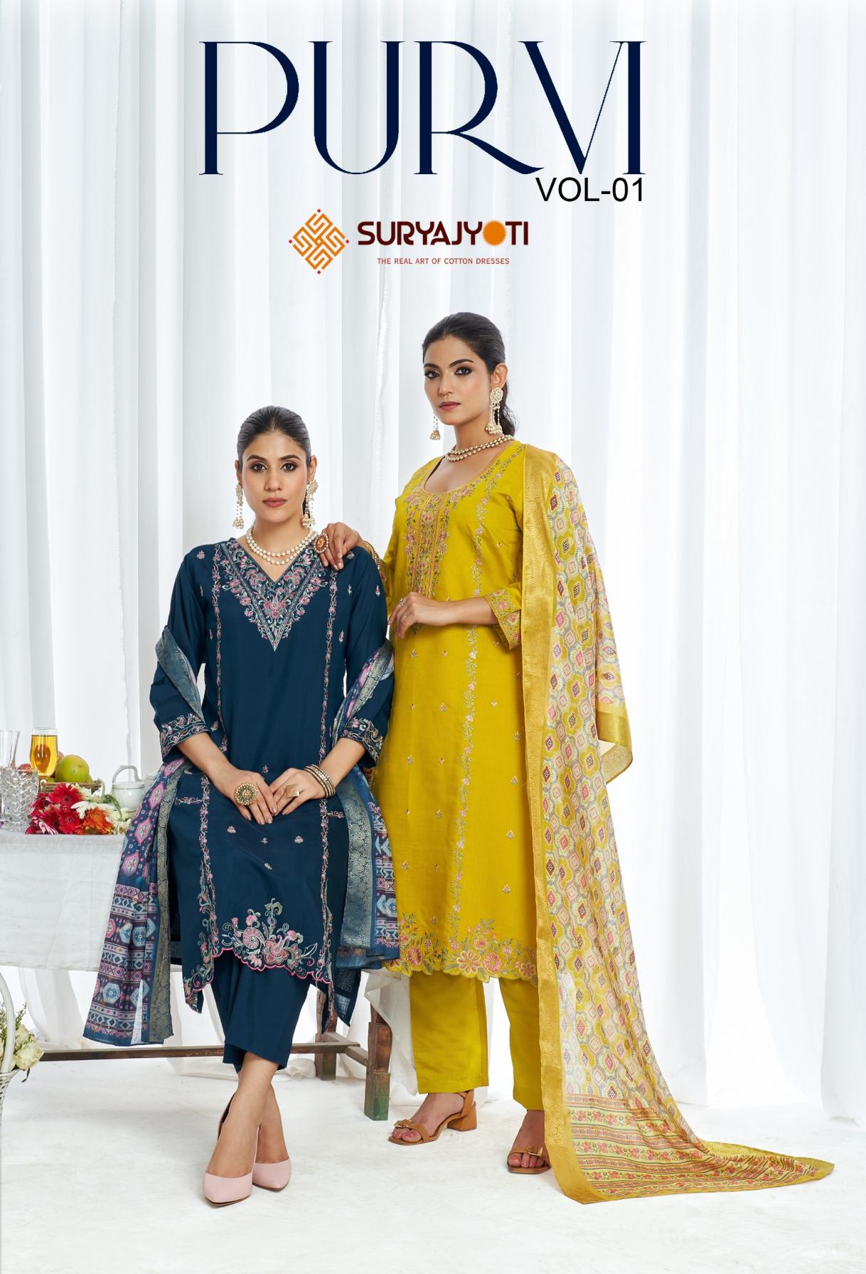 SURYAJYOTI PURVI VOL 1 FULL STITCH ROMAN MODAL SILK 3PCS DRESS