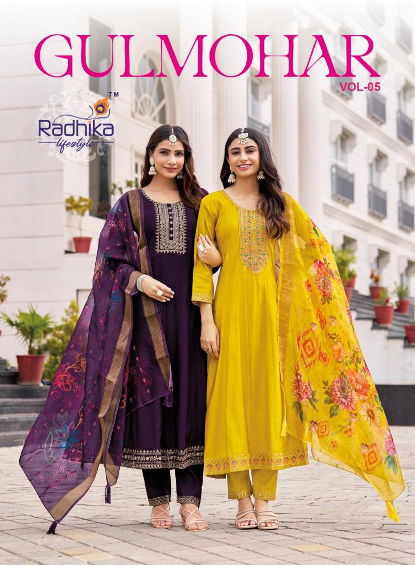 GULMOHAR VOL 5 BY RADHIKA LIFESTYLE ROMAN SILK READYMADE BIG SIZE ANARKALI SUITS 