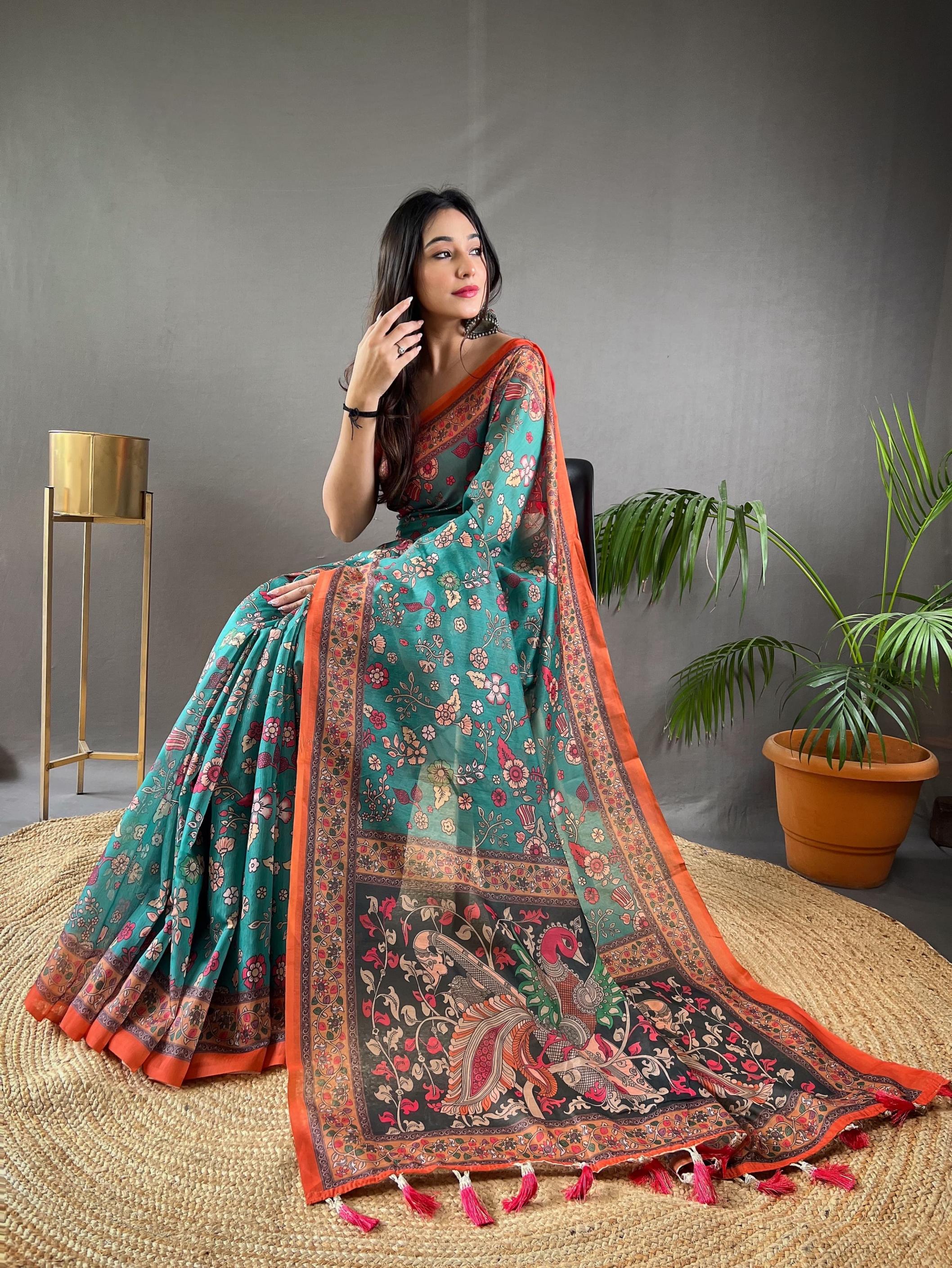 RAKSHA HIT DESIGN MALAI COTTON KALAMKARI PRINTS SAREES ONLINE 