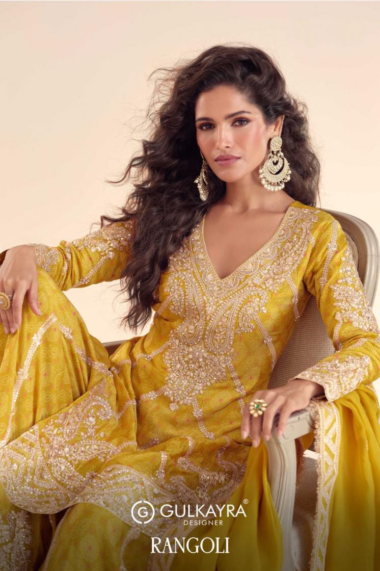 GULKAYRA DESIGNER RANGOLI PARTY WEAR CHINON FULL STITCH PLAZZO DRESS