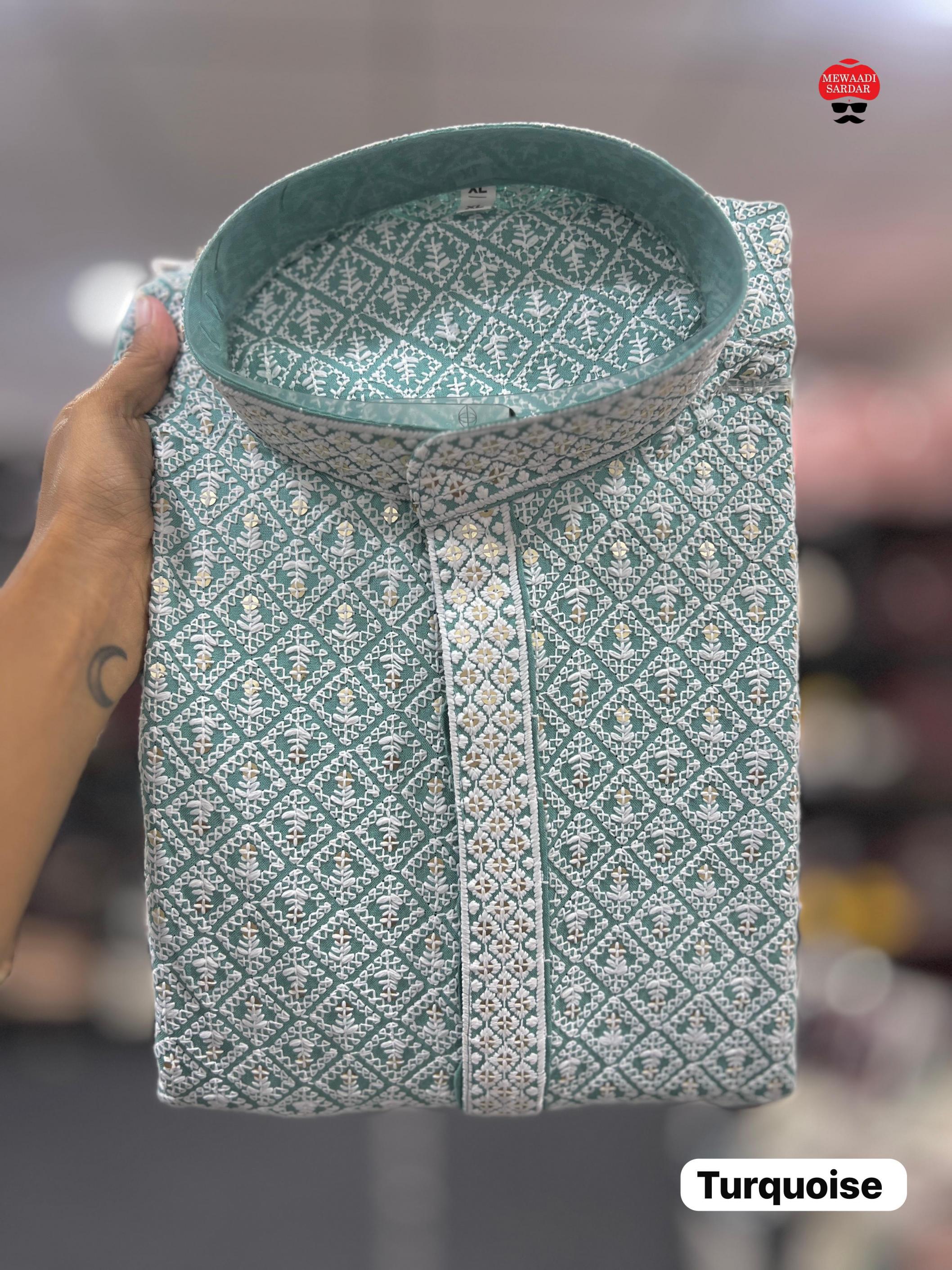 SAIYAARA READYMADE RAYON CHIKANKARI SCHIFFLI FESTIVE MENS KURTA 