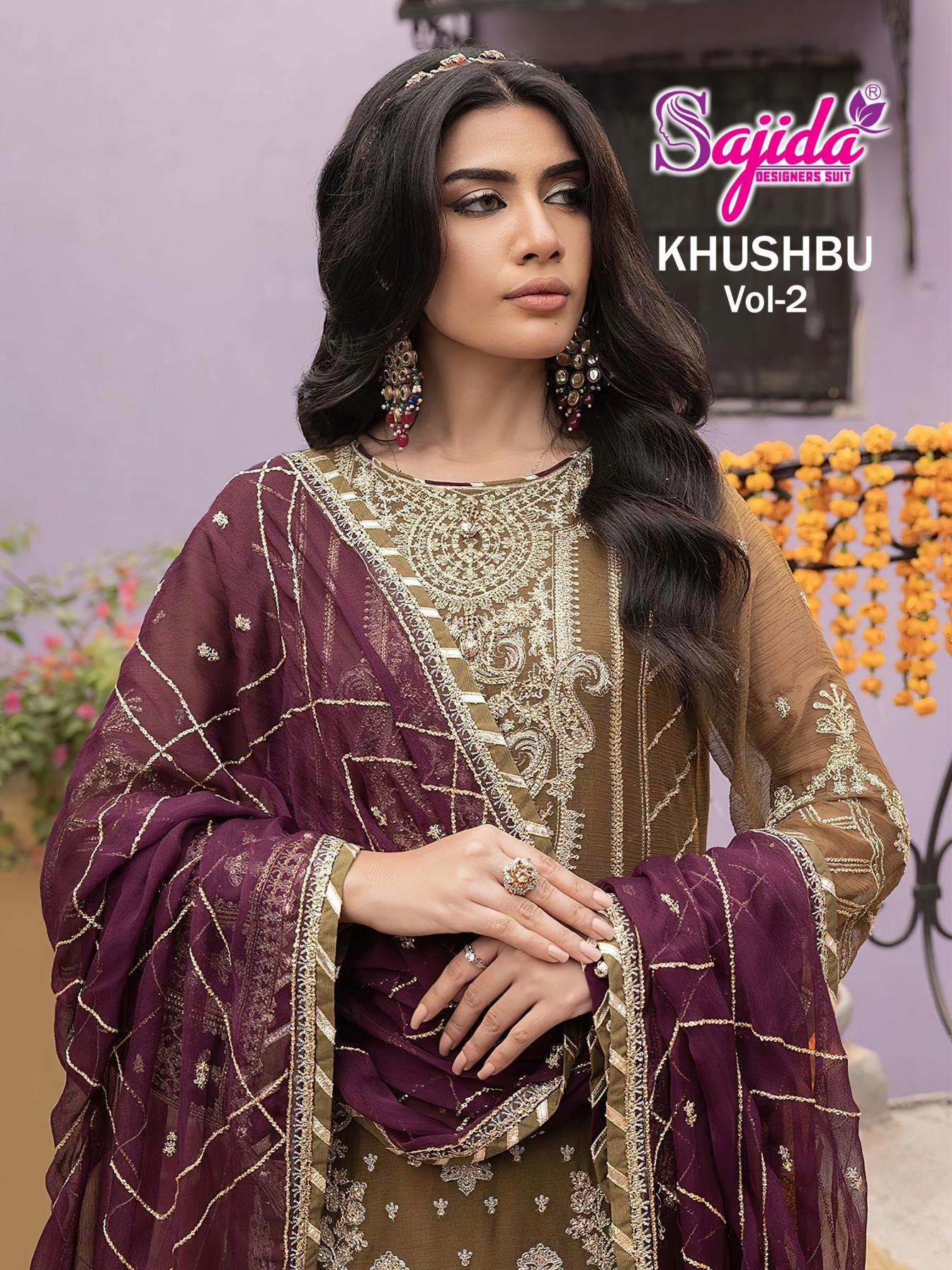KHUSHBU VOL 2 BY SAJIDA DESIGNER GEORGETTE PAKISTANI FULL STITCH PLUS SIZE SUITS 