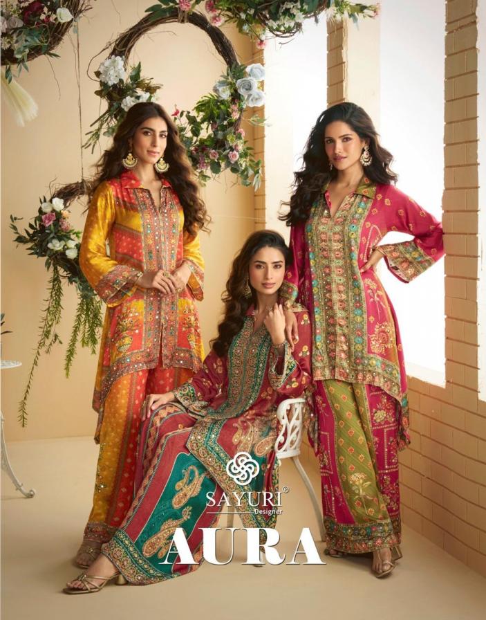 AURA BY SAYURI DESIGNER PARTY WEAR FULL STITCH CREP SILK KURTI WITH PLAZZO 