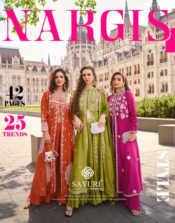 NARGIS BY SAYURI DESIGNER SILK ORGANZA FULL STITCH PLAZZO SUITS ONLINE 