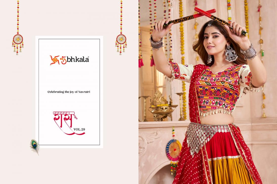 RAAS VOL 29 BY SHUBHKALA VISCOSE COTTON FULL STITCH NAVRATRI LEHENGAS EXPORTS 