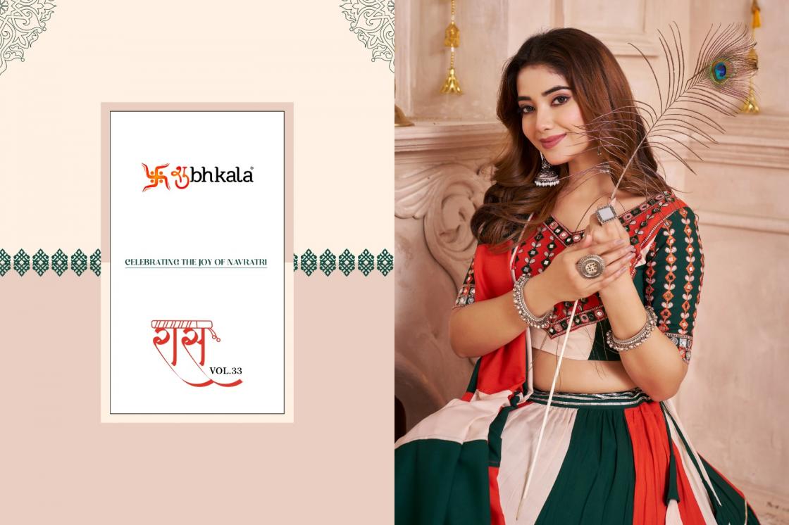 RAAS VOL 33 SHUBHKALA VISCOSE COTTON FULL STITCH NAVRATRI LEHENGAS