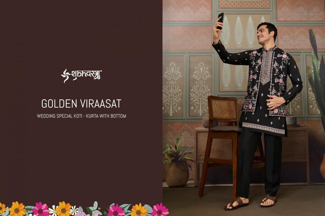 GOLDEN VIRAASAT BY SHUBHVASTRA VISCOSE SILK CLASSIC FULL STITCH MENS KURTA PANT WITH KOTI 