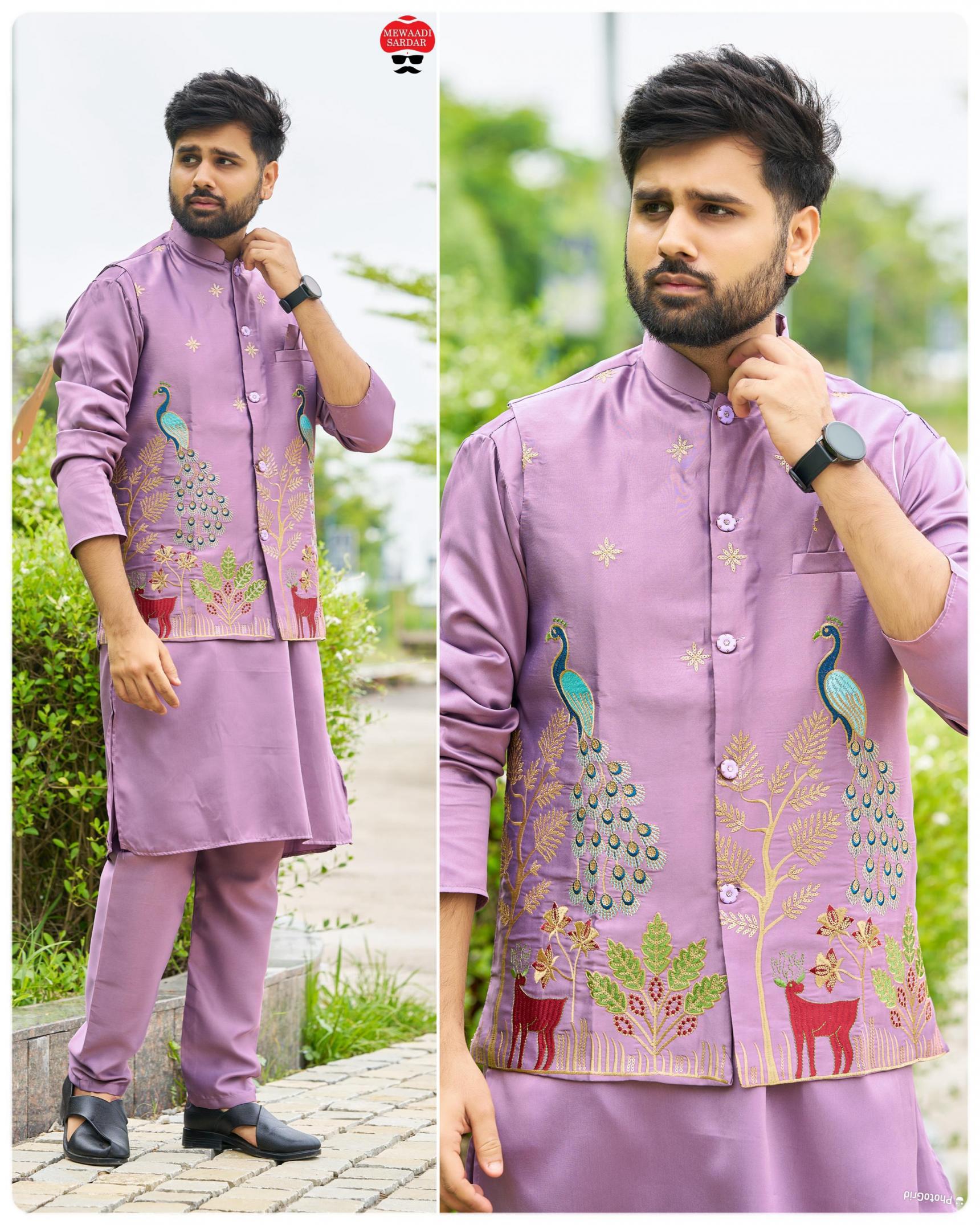 SWAGAT VOL 3 HIT DESIGN FULL STITCH MALAI SATIN MENS KURTA KOTI PYJAMA SET 