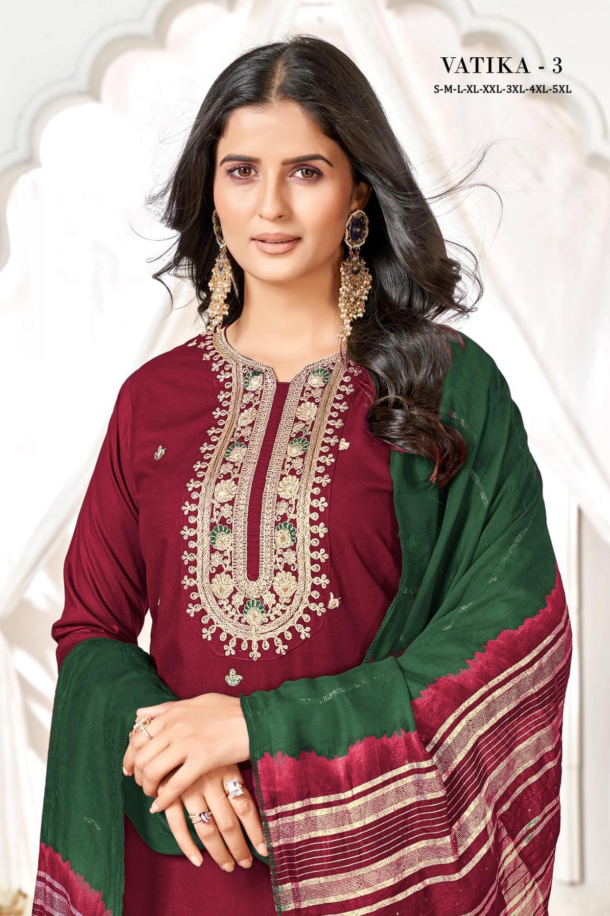 VATIKA VOL 3 POPULAR DESIGN RAYON GOLD PRINT READYMADE BIG SIZE SUITS