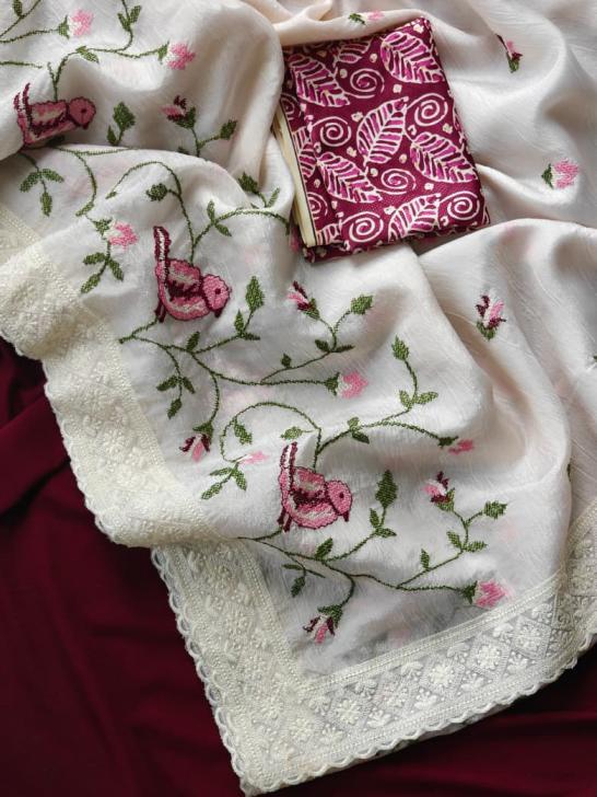 WHITE SPARROW CHIFFON CRUSHED BEST SAREE ONLINE 