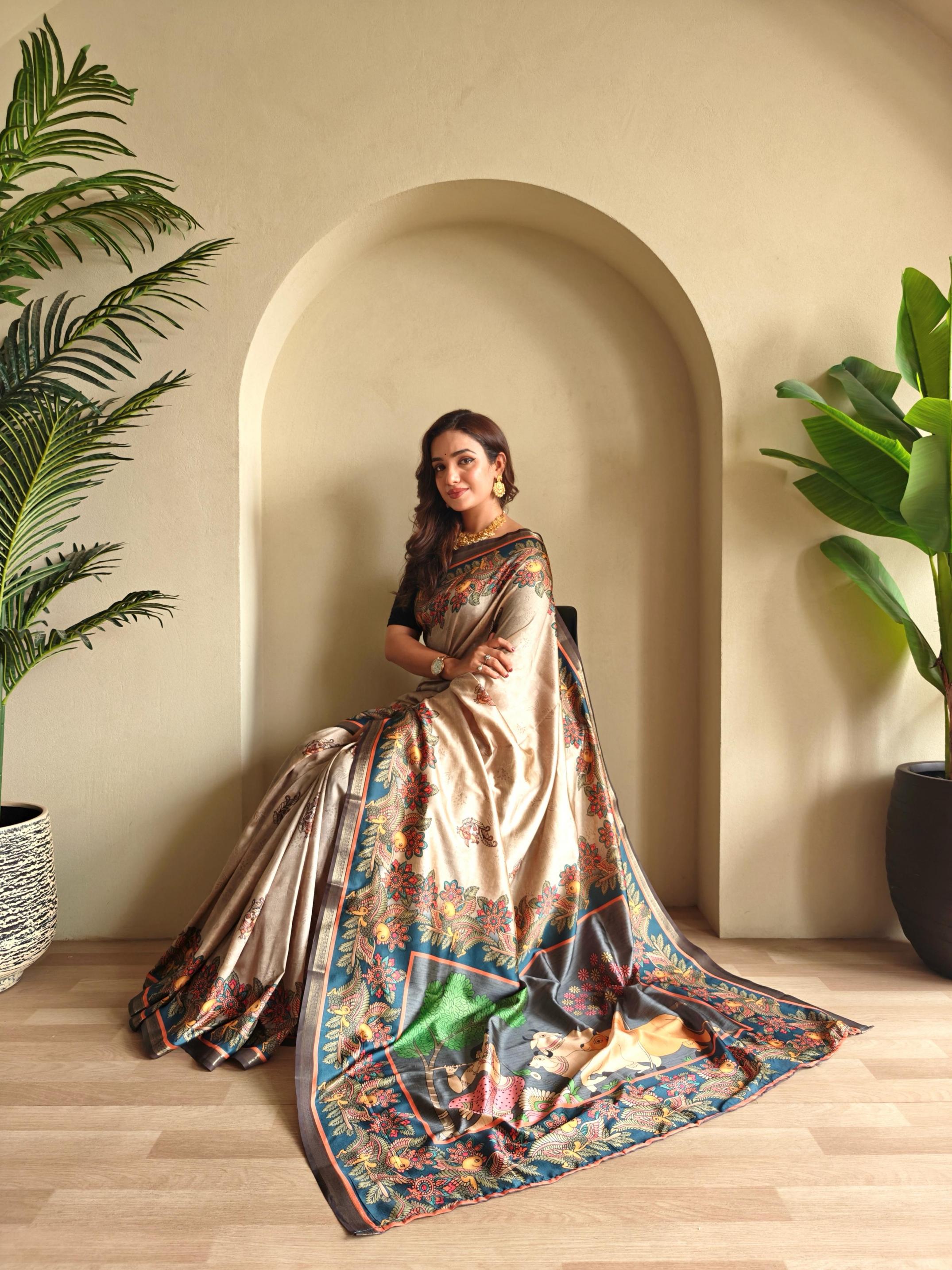 ZALAK SILK KALAMKARI FUSION PRINTED SAREEE FOR WOMENS 