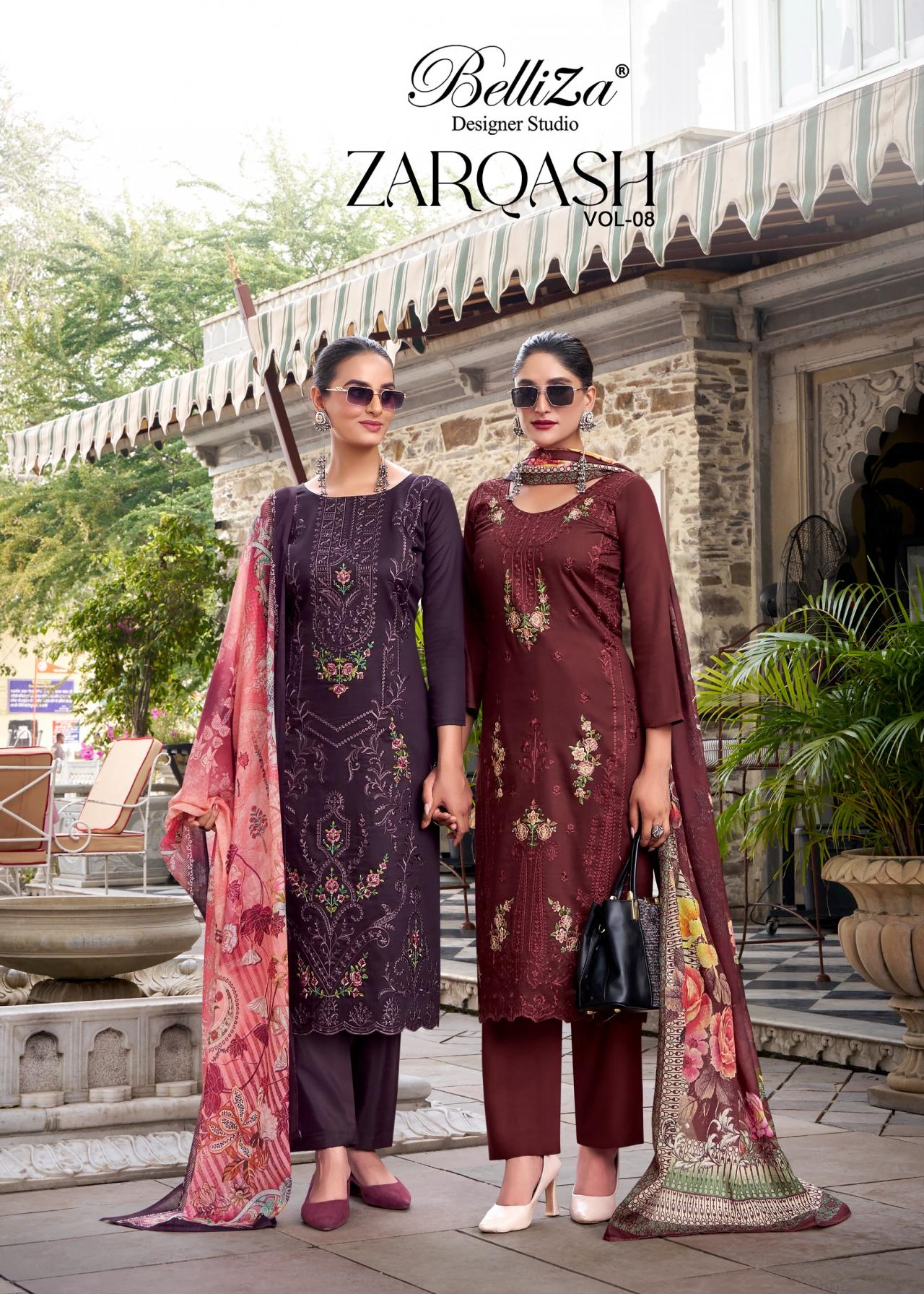 BELLIZA DESIGNER ZARQASH VOL 8 PRETTY JAM PAKISTANI FULL STITCH PLUS SIZE 3PCS DRESS