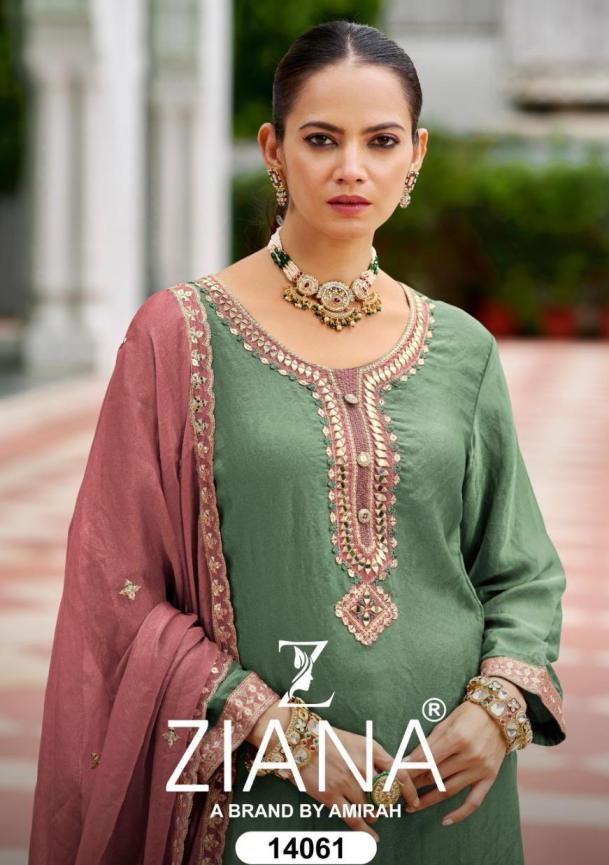 14061 BY ZIANA  MOSS SILK FULL STITCH COMBO PAKISTANI GHARARA KURTI WITH DUPATTA 