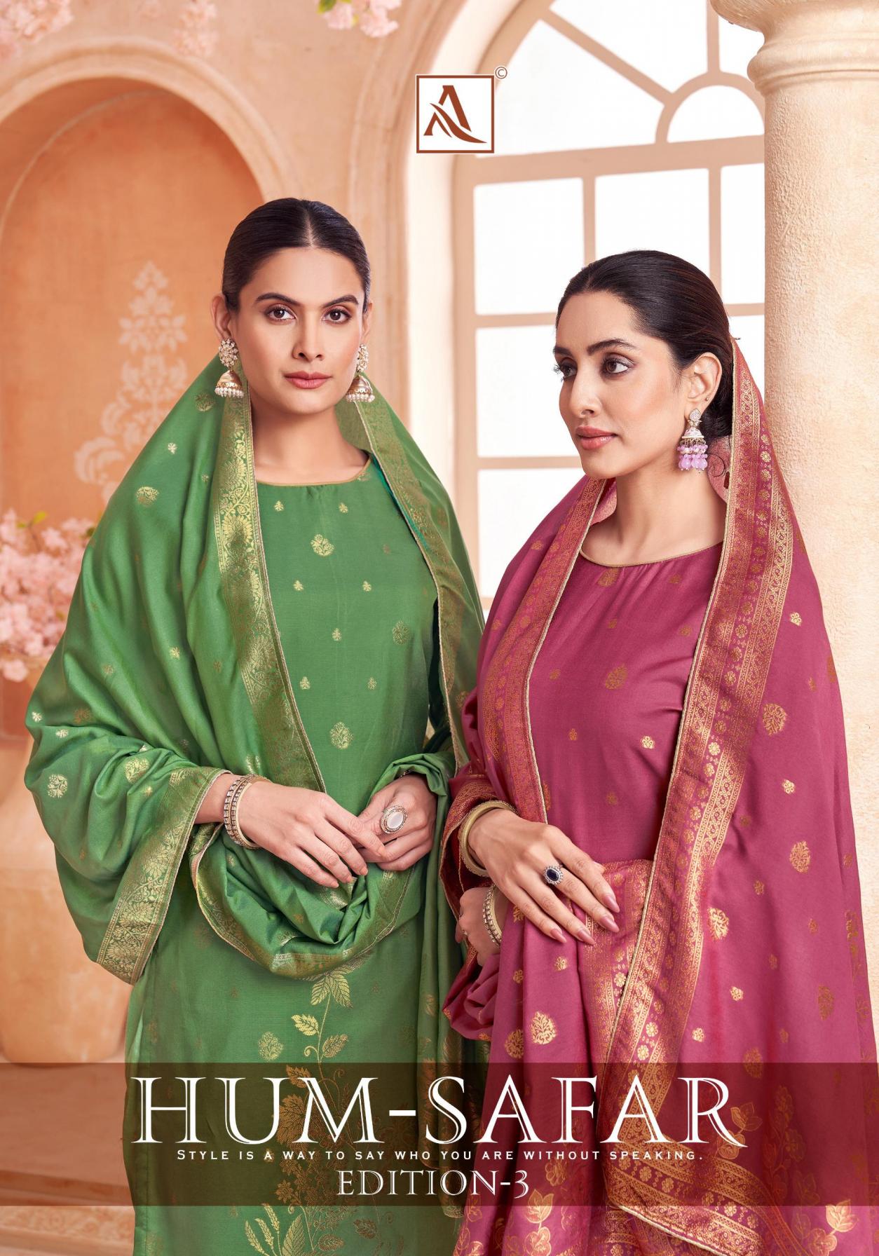 HUM SAFAR VOL 3 BY ALOK VISCOSE MUSLIN JACQUARD UNSTITCH SUITS 