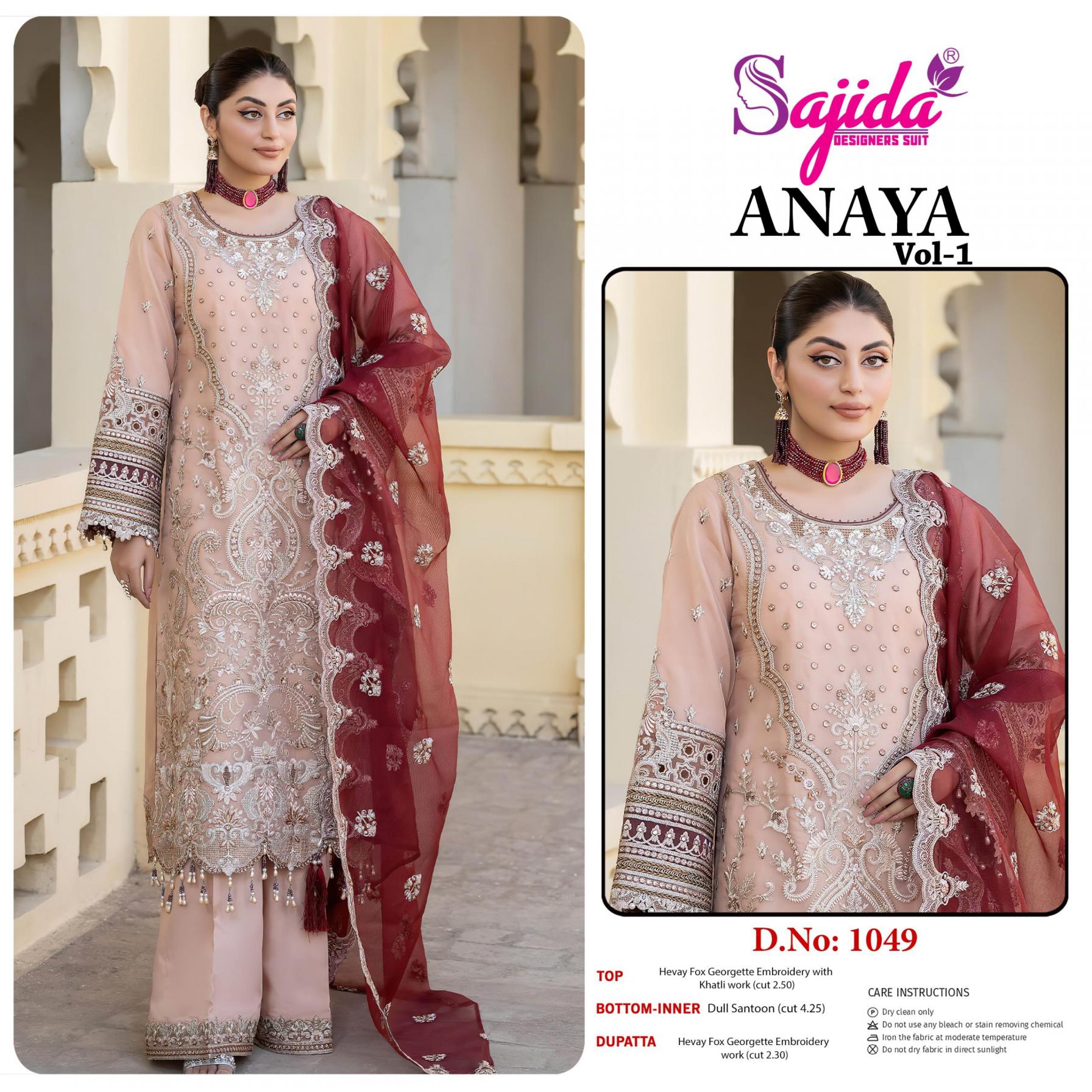 SAJIDA DESIGNER ANAYA VOL 1 1049 FOX GEORGETTE UNSTITCH PAKISTANI SUITS 