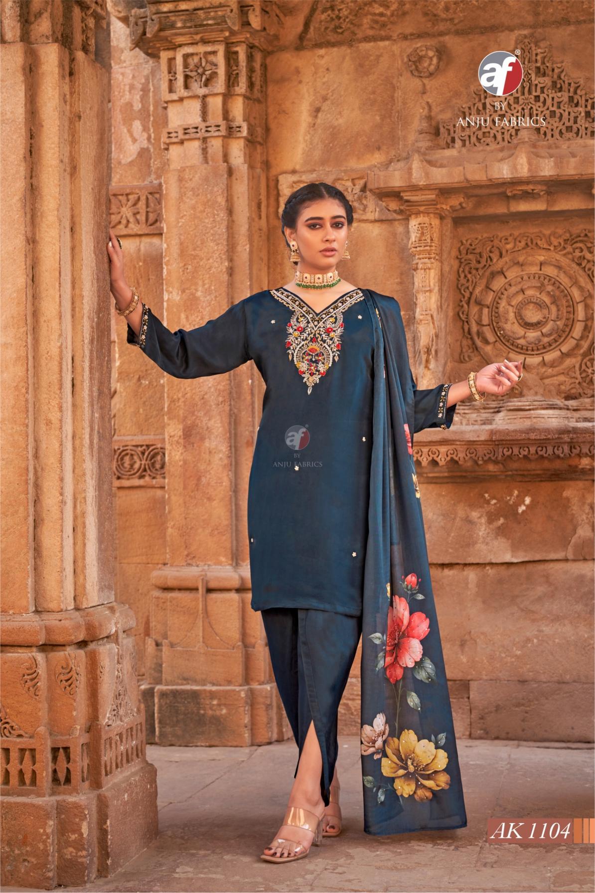 AK 1104 BY ANJU FAB READYMADE STYLISH NATURAL CREPE COMBO KURTI TULIP PANT WITH DUPATTA 