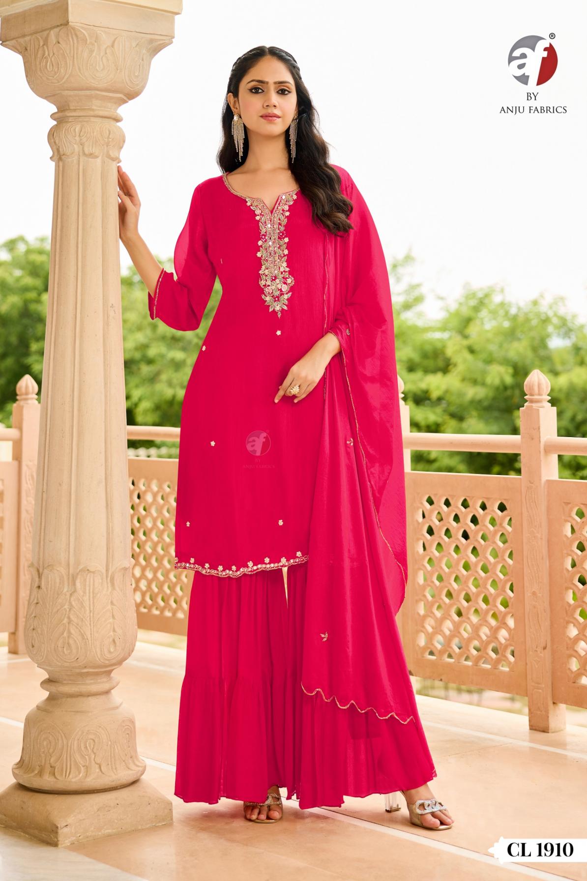 CL 1910 BY ANJU FAB CHINON CHIFFON COMBO SET FULL STITCH PLAZZO DRESS