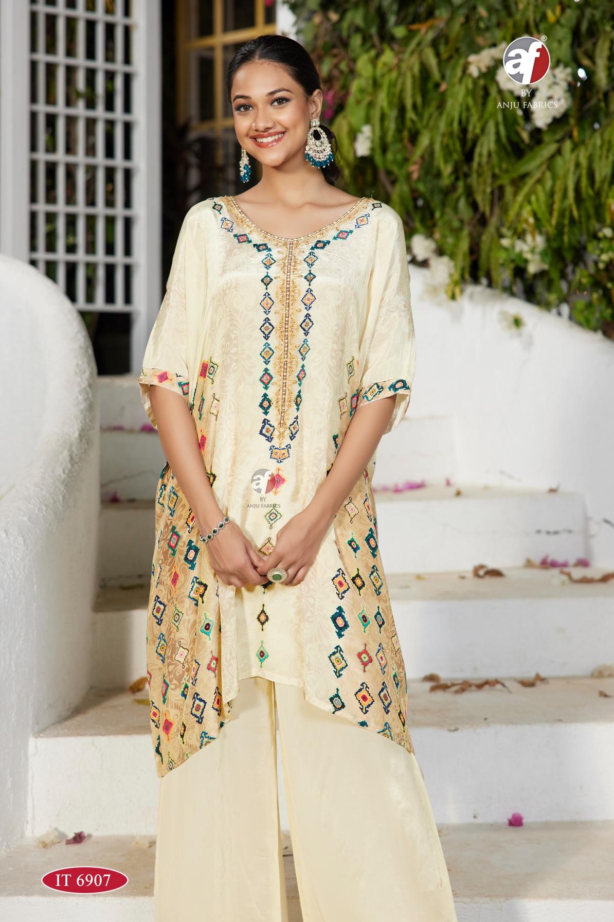 IT 6906-6907 BY ANJU FAB NATURAL CREPE COMBO FULL STITCH KAFTAN WITH PLAZZO 