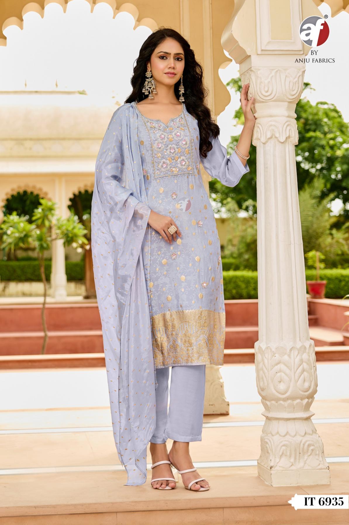 IT 6935 BY ANJU FAB READYMADE TISSUE SHIMMER JACQUARD COMBO SUIT ONLINE 
