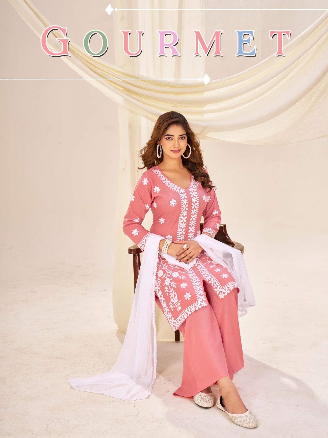 GOURMET BY BLUE HILLS RAYON STYLISH FULL STITCH BIG SIZE PLAZZO SUITS 