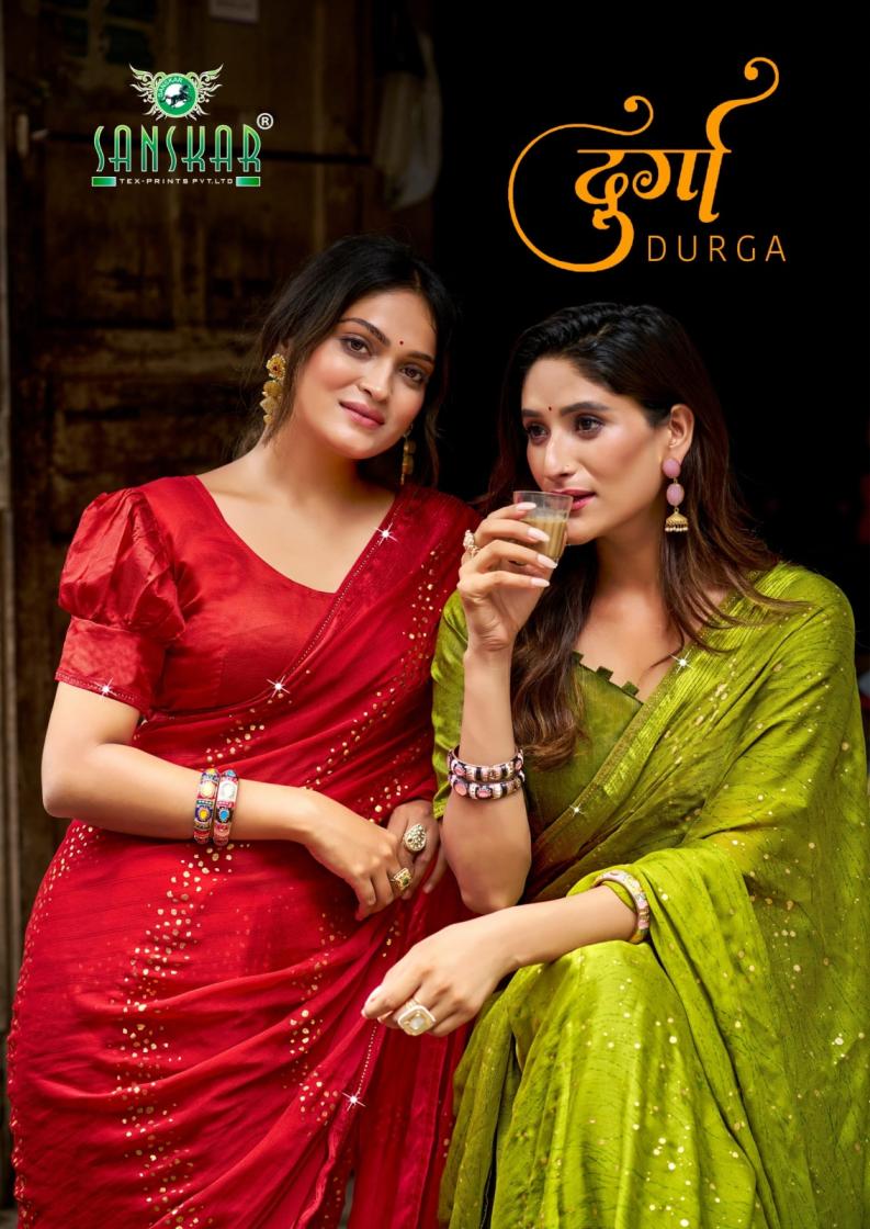 SANSKAR TEX PRINTS DURGA GEORGETTE SHOP TRENDY SAREES 