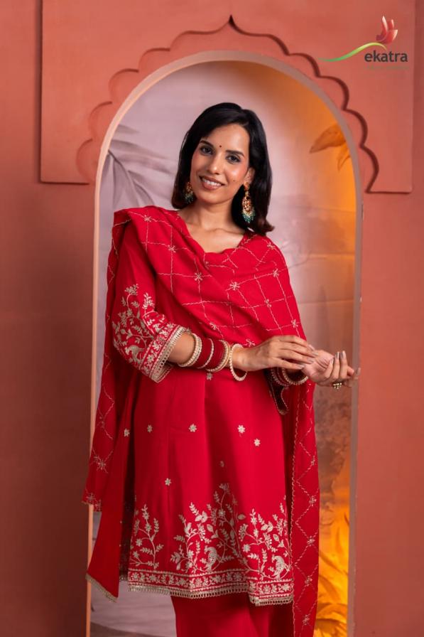 EKATRA KARWA SPECIAL VISCOSE SILK ANARKALI FULL STITCH PLAZZO DRESS