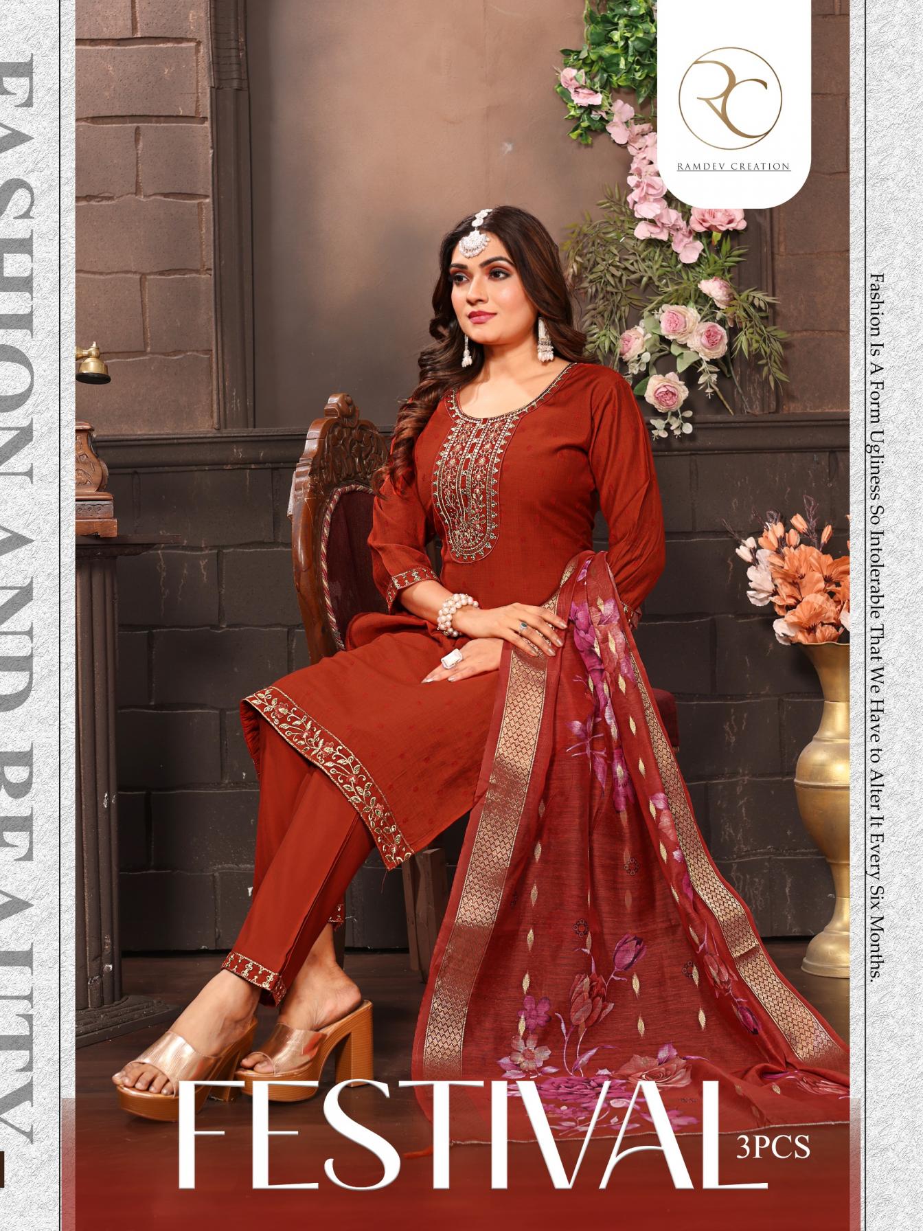 RAMDEV FESTIVAL READYMADE VERTIGAN DOBBY SILK 3PCS DRESS