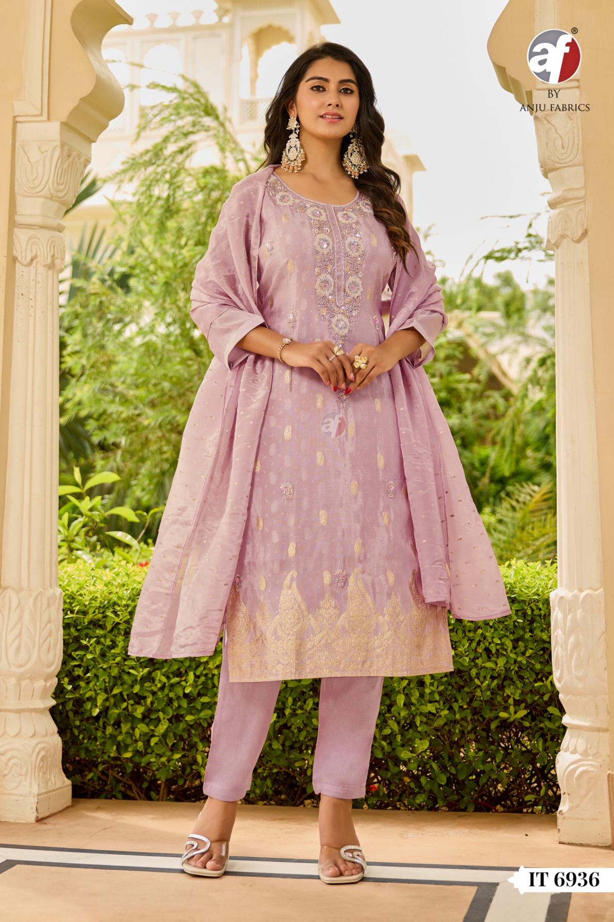ANJU FAB IT 6936 READYMADE EXCLUSIVE TISSUE SHIMMER JACQUARD COMBO 3PCS DRESS
