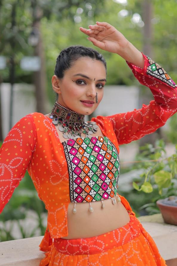 KA 5049 BANDHANI PRINT FASHIONABLE FULL STITCH NAVRATRI LEHENGAS 