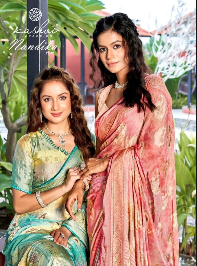 NANDIKA BY KASHVI CREATION AMAZING DULL MOSS BRASSO SAREE ONLINE  