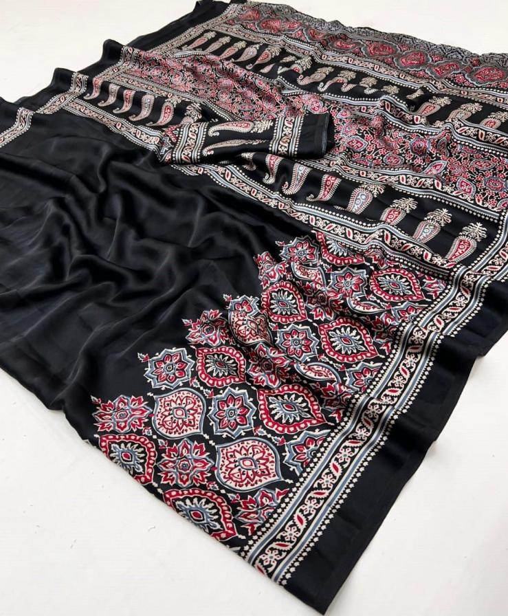 MALLAI SILK AJARKH STYLE CRAPE SILK SAREE FOR WOMENS  