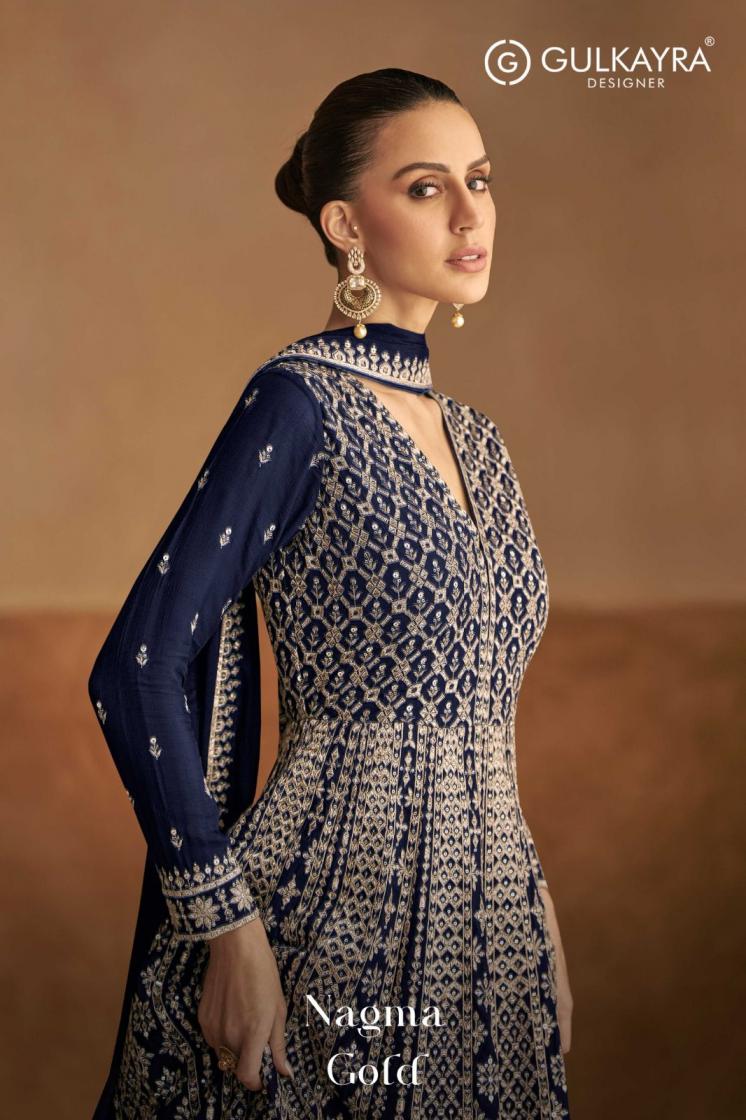 GULKAYRA DESIGNER NAGMA GOLD ELEGANCE CHINON FULL STITCH GOWN WITH DUPATTA 