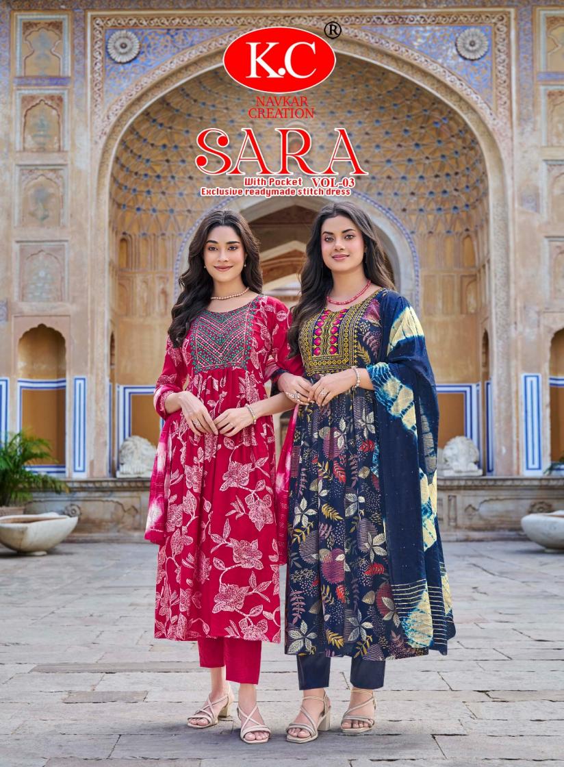 SARA VOL 3 BY NAVKAR CREATION VARTICAN UMBRELLA CUT FULL STITCH 3PCS DRESS