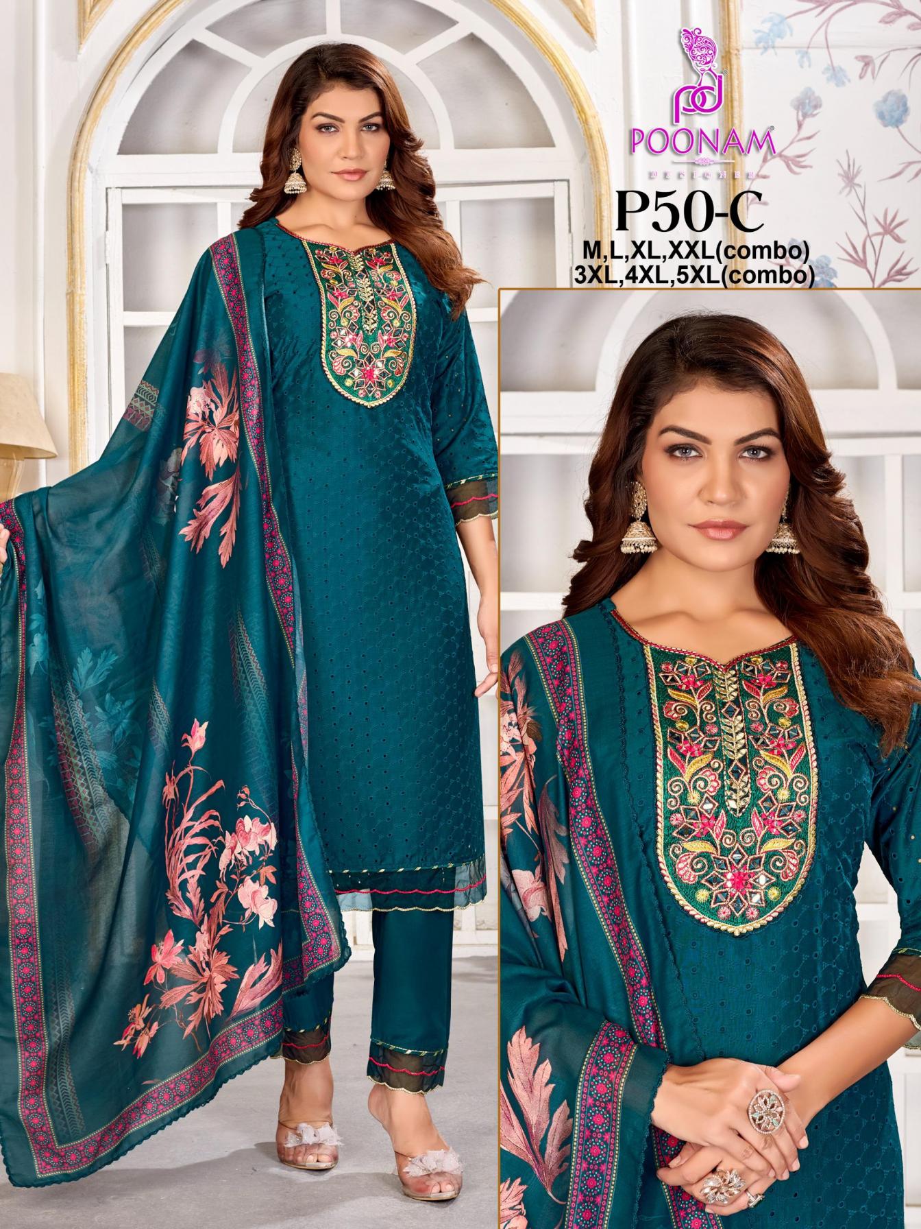 P50 BY POONAM DESIGNER MUSLIN FANCY READYMADE COMBO SUITS ONLINE 