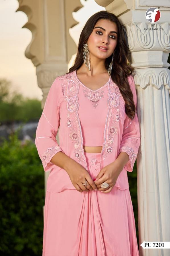 ANJU FAB PU 7201 CHINON CHIFFON CROP TOP DRAPE SKIRT WITH JACKET READYMADE COMBO DRESS