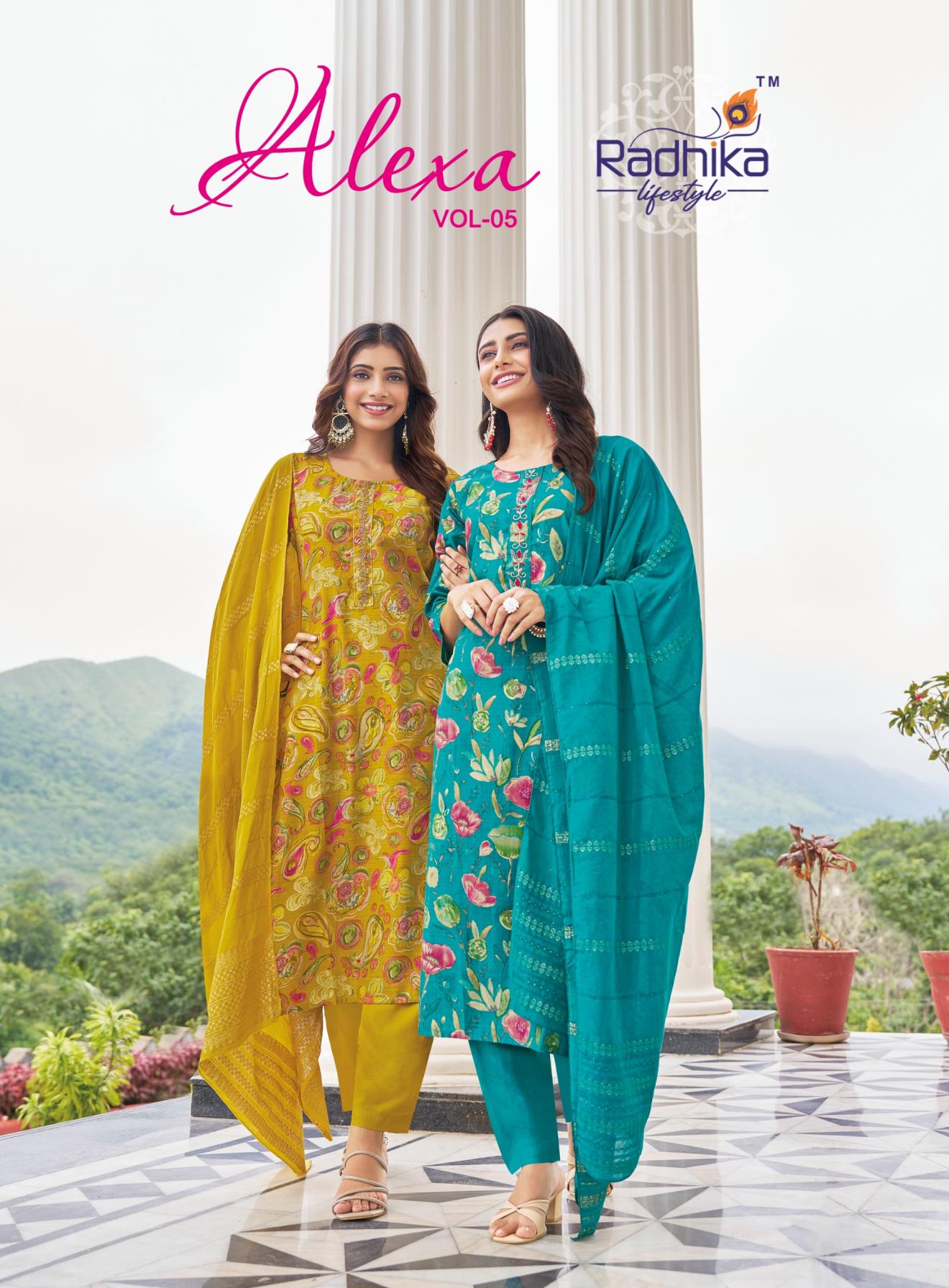 ALEXA VOL 5 BY RADHIKA LIFESTYLE READYMADE PLUS SIZE VERTICAN SILK SUITS  