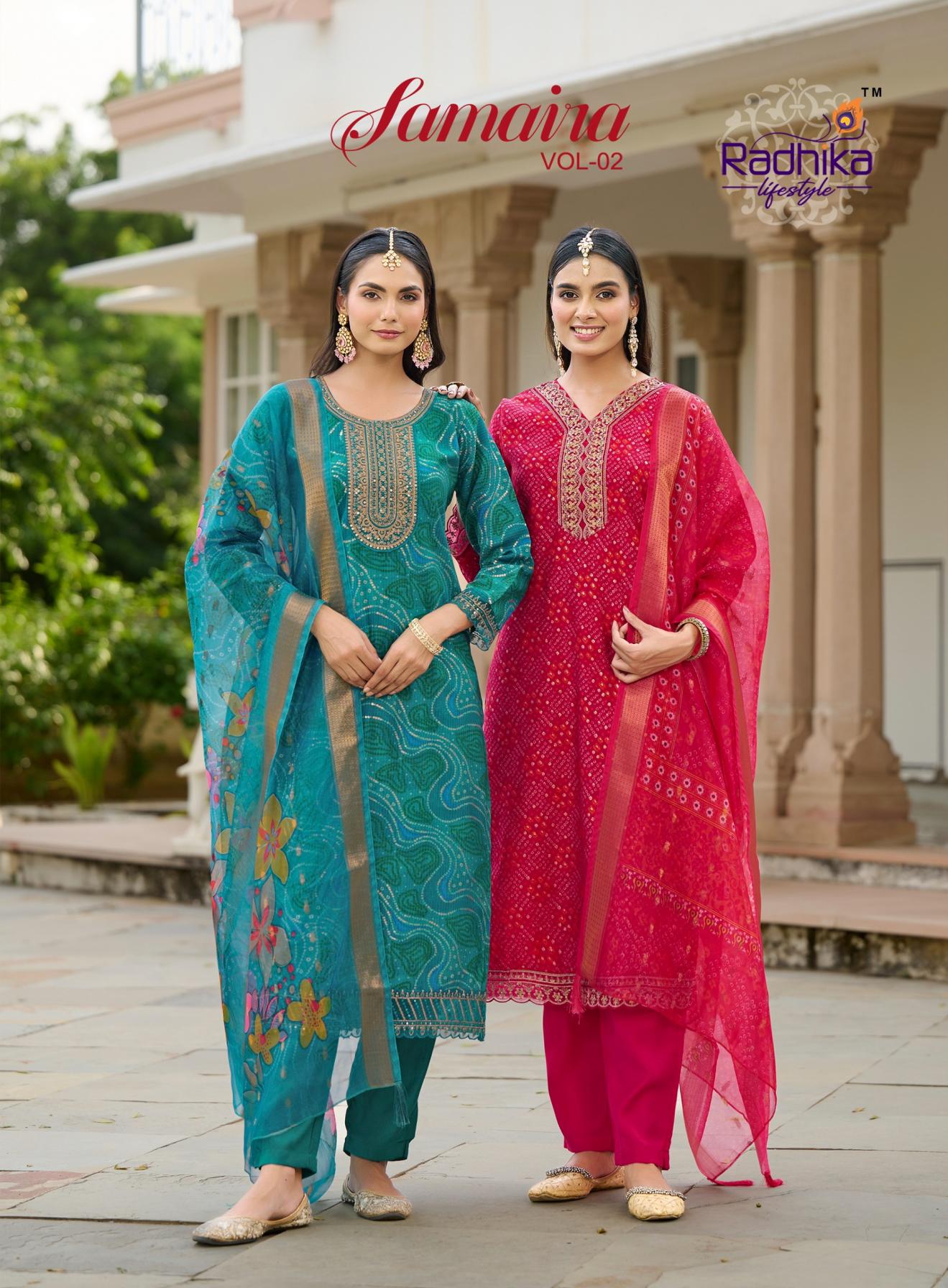 SAMAIRA VOL 2 BY RADHIKA LIFESTYLE BERLIN FOIL PRINT FULL STITCH PLUS SIZE SUITS 