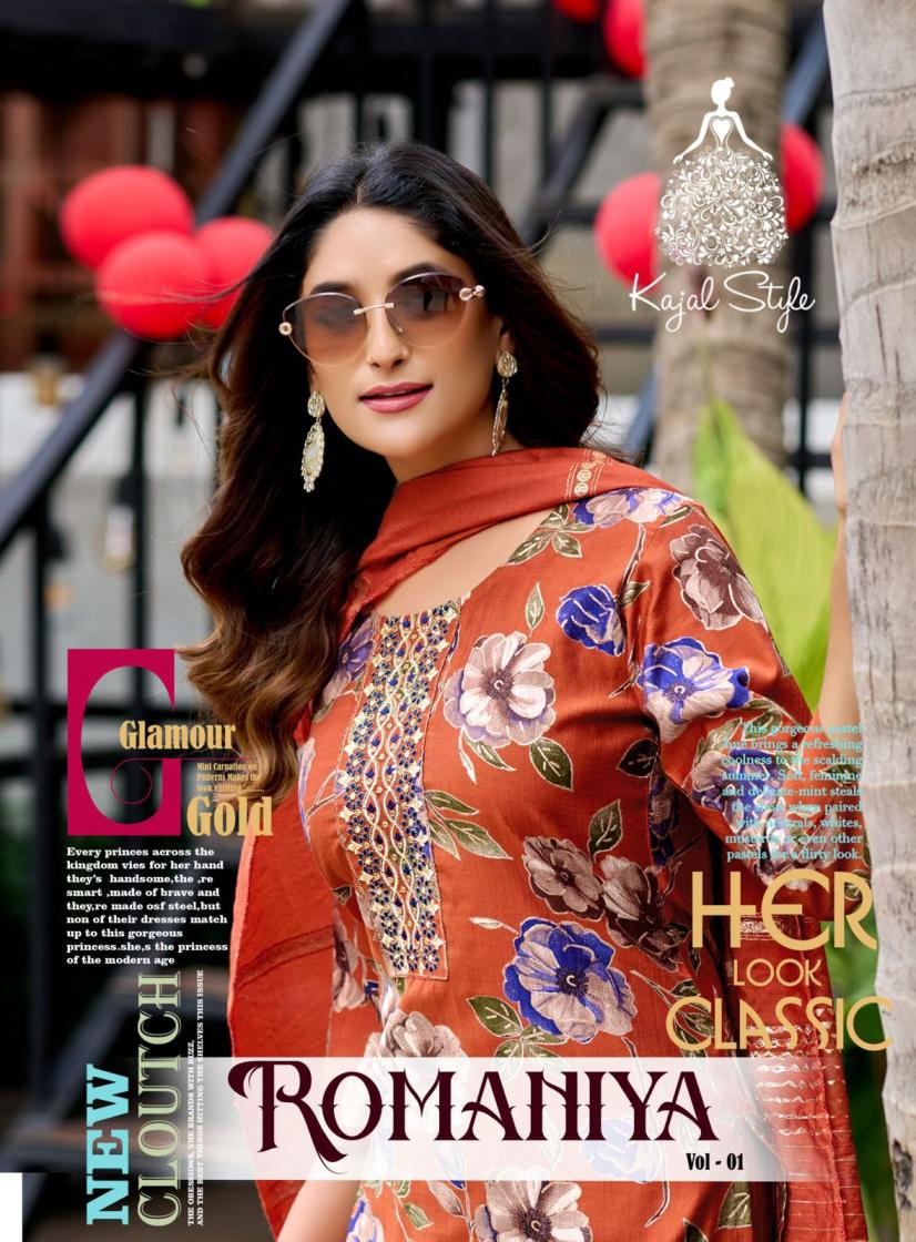 KAJAL STYLE ROMANIYA VOL 1 FANCY VERTICAN FULL STITCH PLUS SIZE 3PCS DRESS